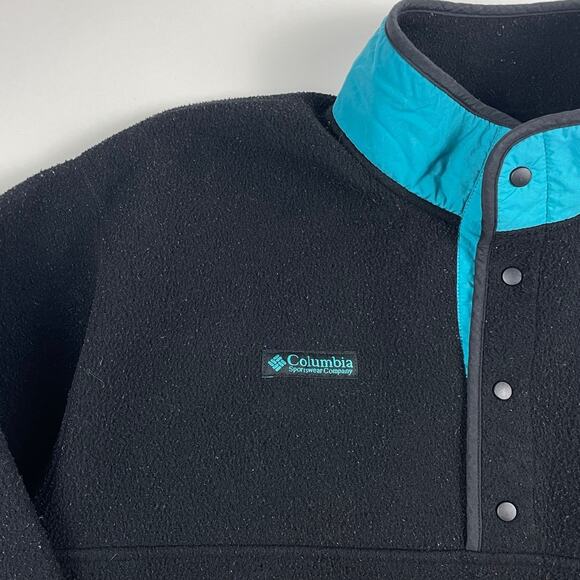 Vintage Black & Teal Blue Columbia Quarter Button Fleece Size Large Made in USA - Picture 3 of 8